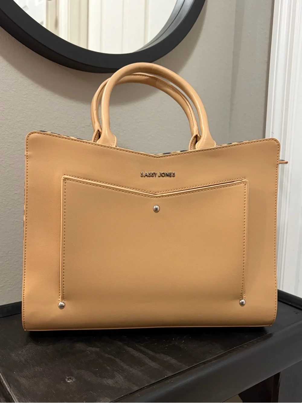 Sassy Jones Beige Satchel with Leopard Panels